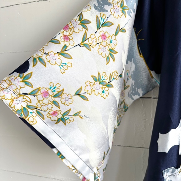 Vintage Robe Long Geisha Kimono Silver Dragon Blue De Oriental Small Medium - Picture 6 of 16